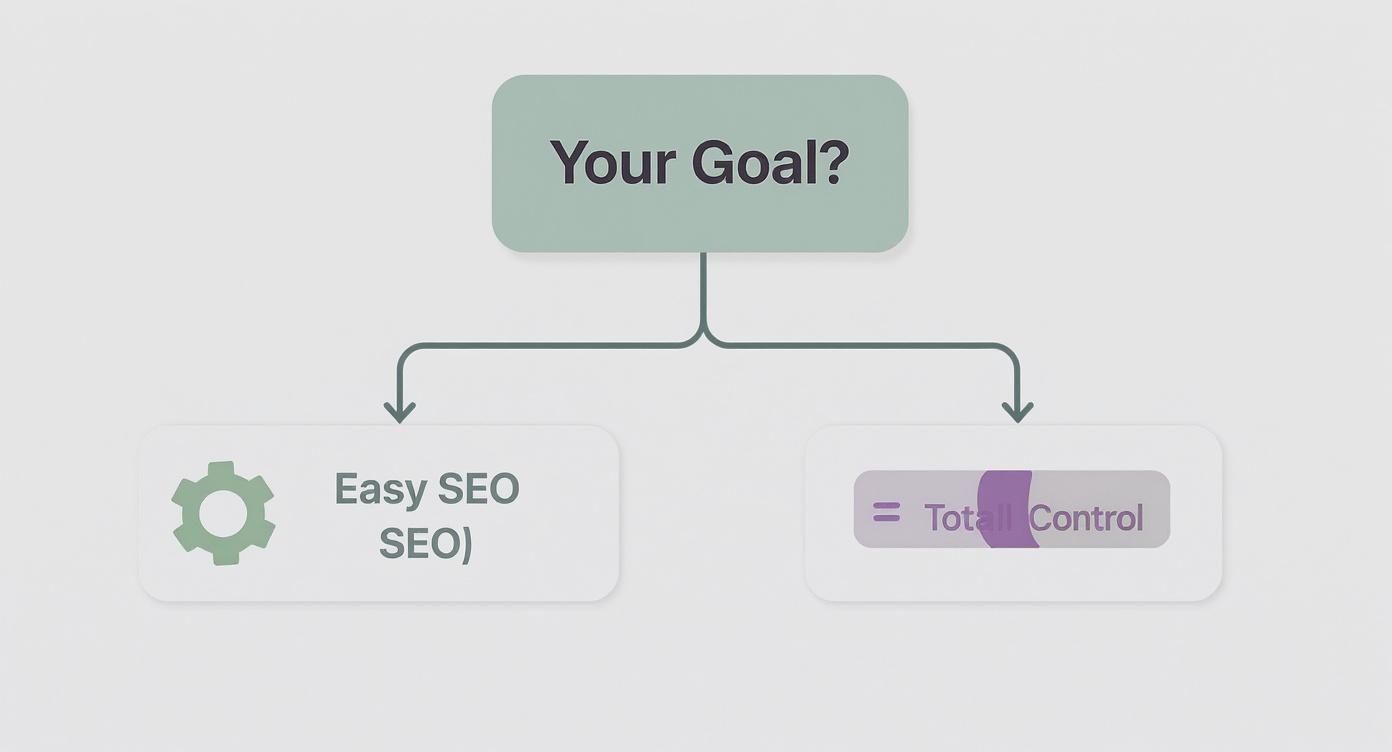 An infographic decision tree asking "Your Goal?". One path leads to "Easy E-commerce" with a gear icon, and the other leads to "Total Control" with a slider icon.