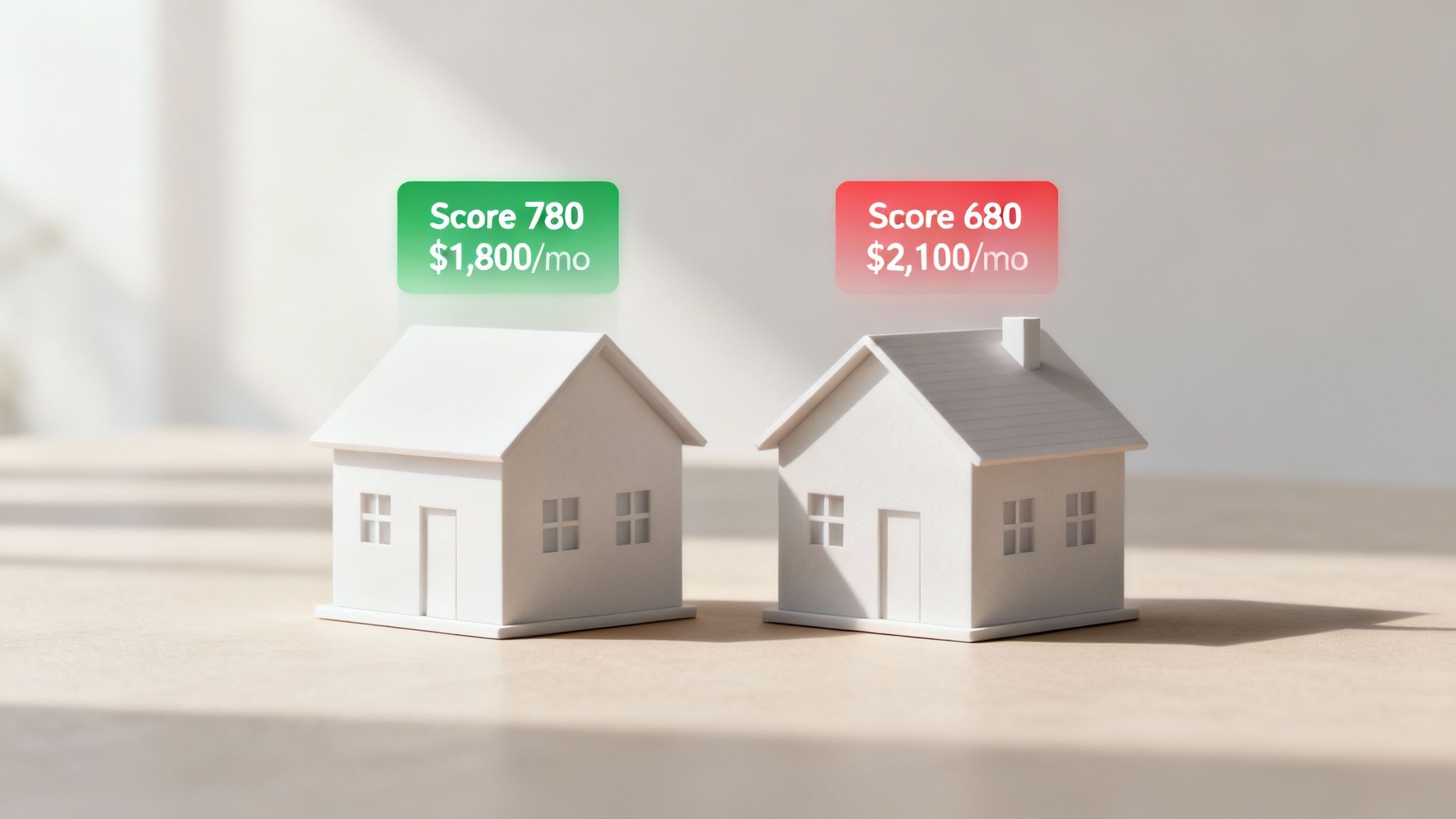 A person looking at a calculator with house keys and a model home on the desk, illustrating the financial impact of a mortgage.