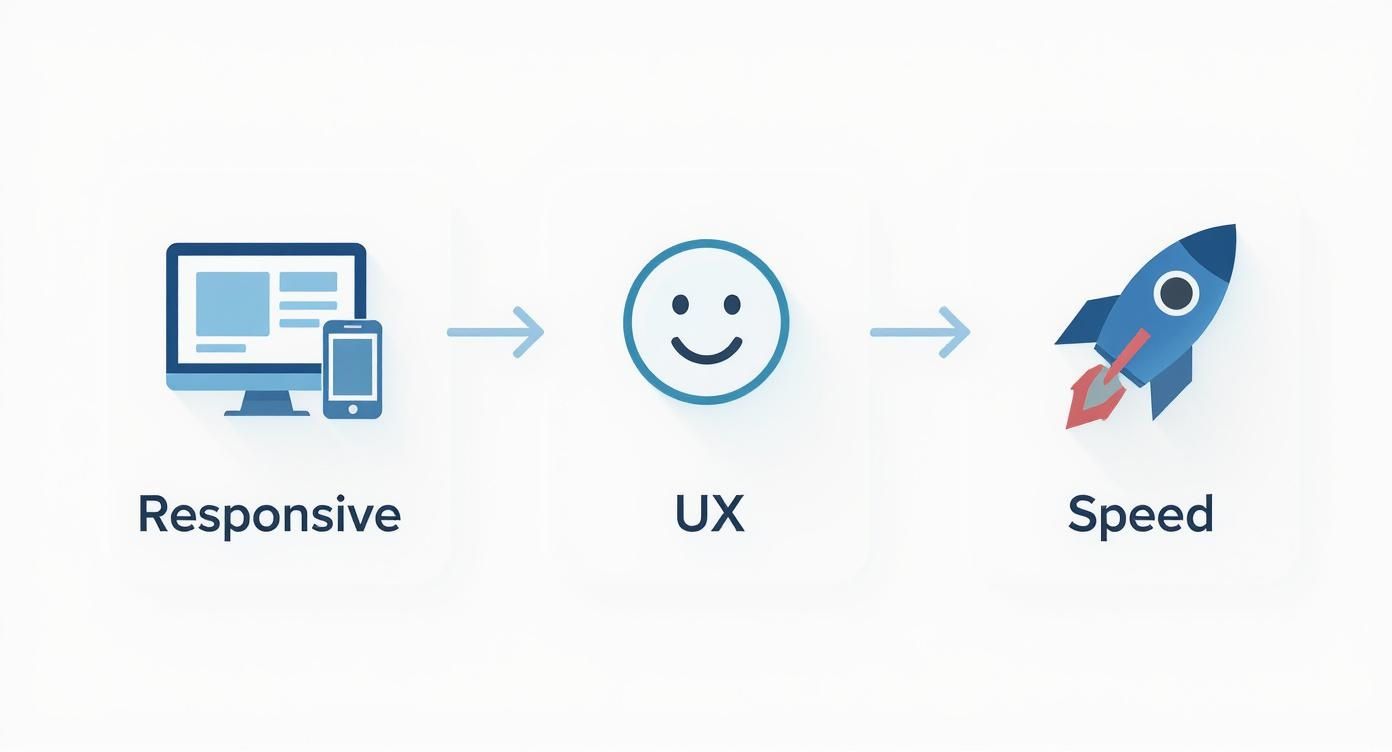 Diagram showing responsive design and UX leading to website speed and performance.