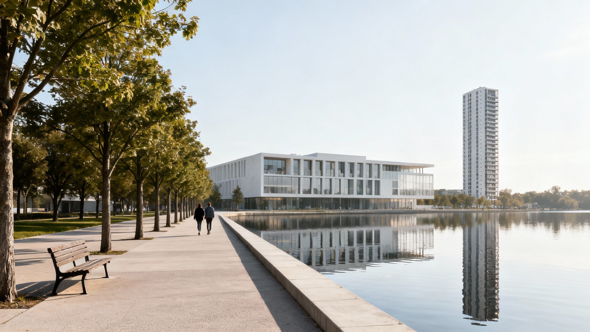 Modern buildings and a tall tower reflect in a serene lake, with people walking on a tree-lined promenade.