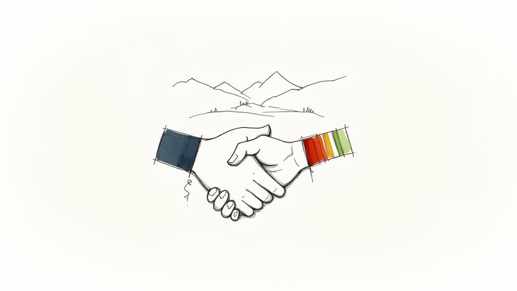 Hand-drawn illustration of a handshake, one cuff blue, the other colorful striped, with mountains.