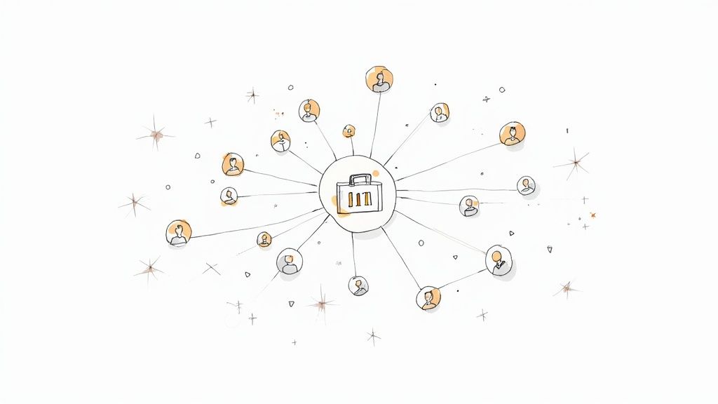 Hand-drawn illustration of a central briefcase connected to many people icons, symbolizing business networking.