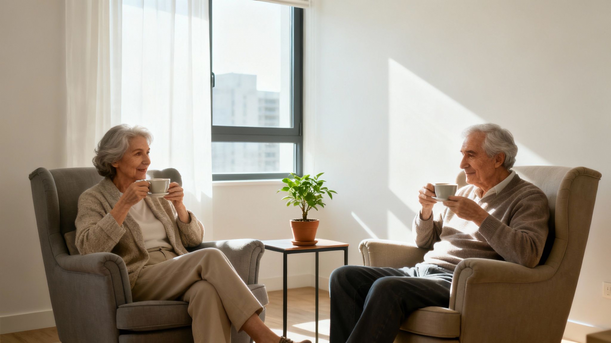 Elderly couple enjoying a warm drink and conversation while sitting in their living room.
