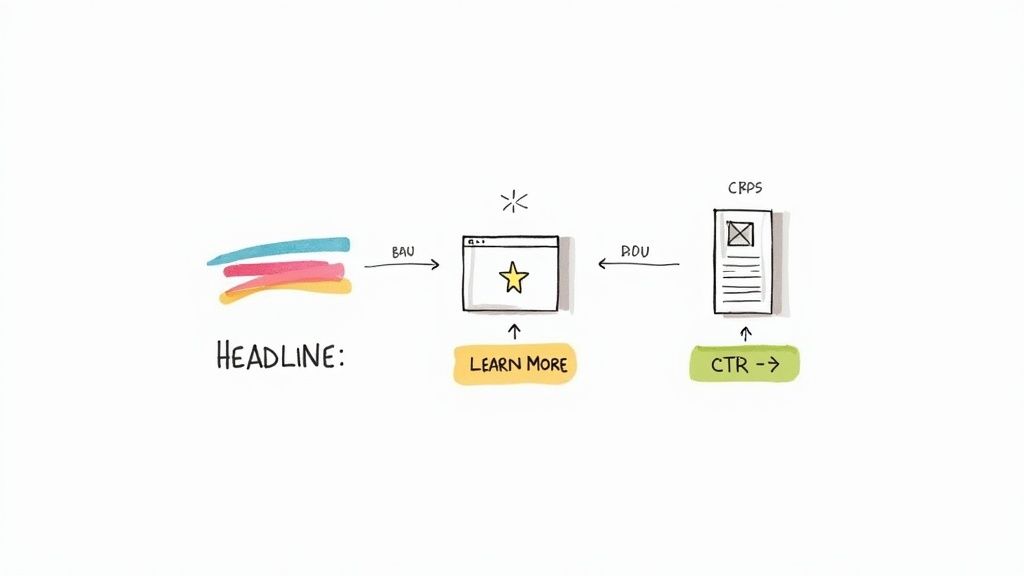 A diagram illustrating a user flow from a headline, through a web page with a star, impacting 'CRPS' via 'CTR'.