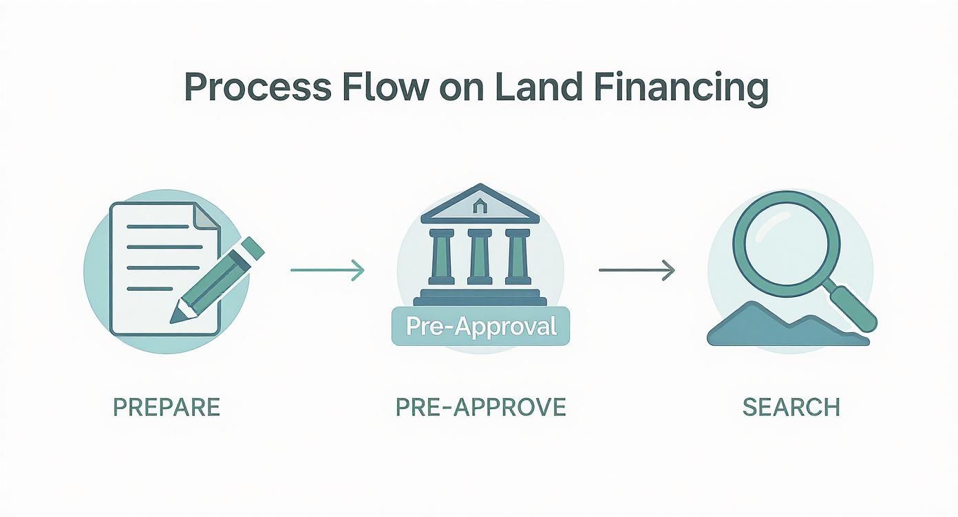 An infographic showing the process flow for land financing, with steps for Prepare, Pre-Approve, and Search, using icons.