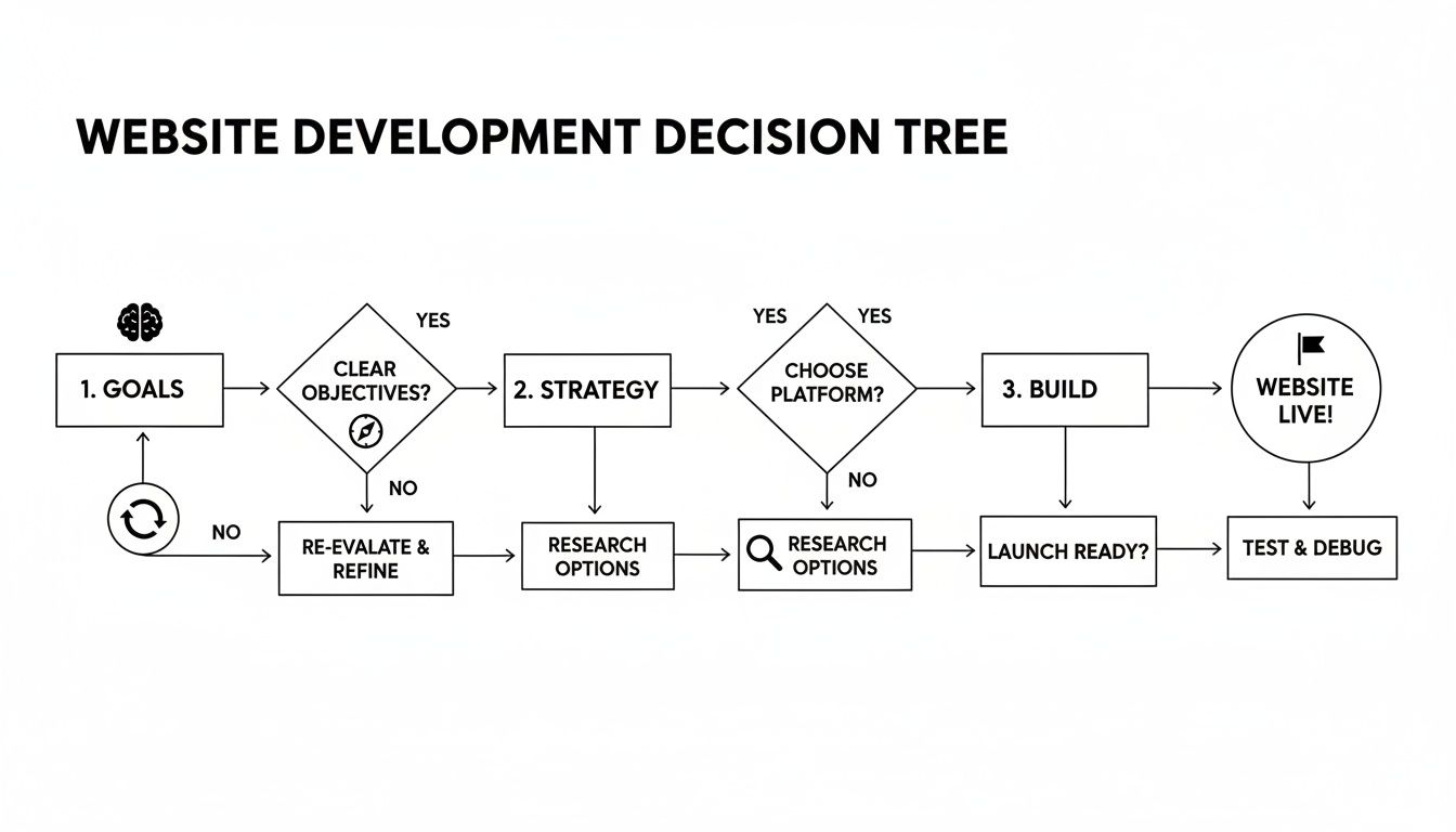 A flowchart illustrating the website development decision tree, from initial goals to website launch and testing.