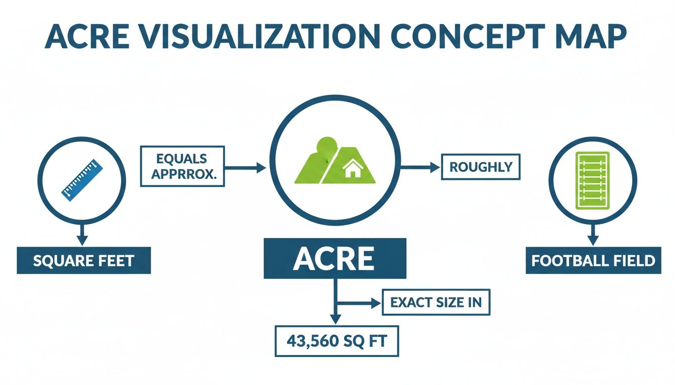 A concept map visualizing an acre's size, relating it to square feet and a football field, including its exact measurement.