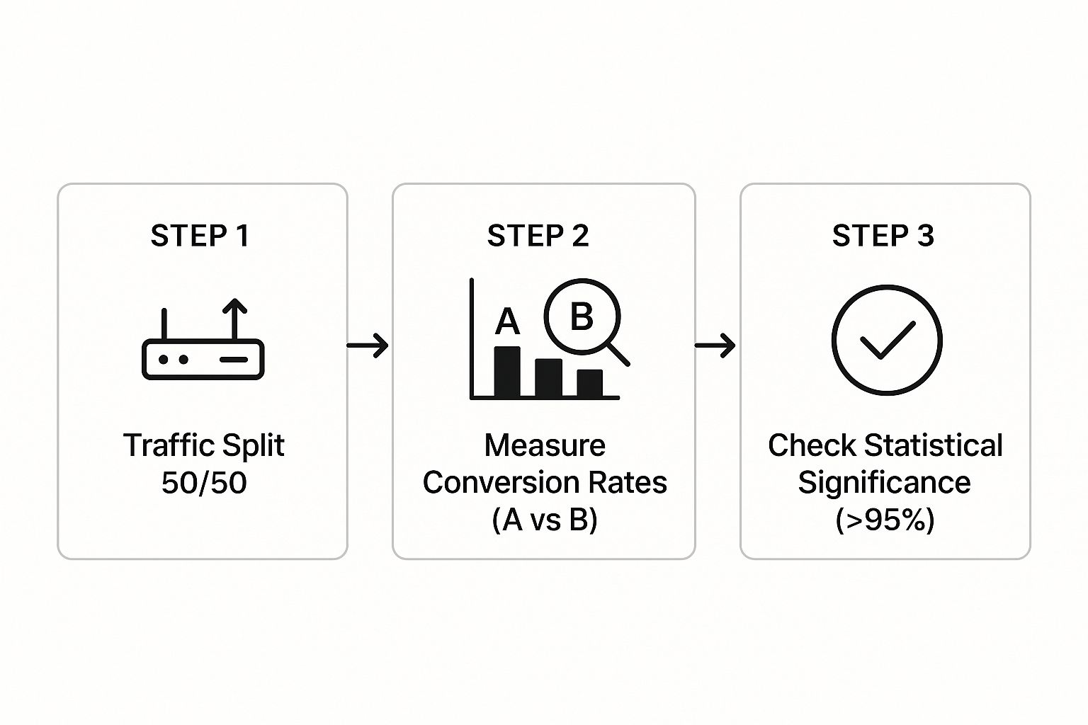 Infographic showing the A/B testing process flow: Step 1 is splitting traffic 50/50, Step 2 is measuring conversion rates for A vs B, and Step 3 is checking for statistical significance.