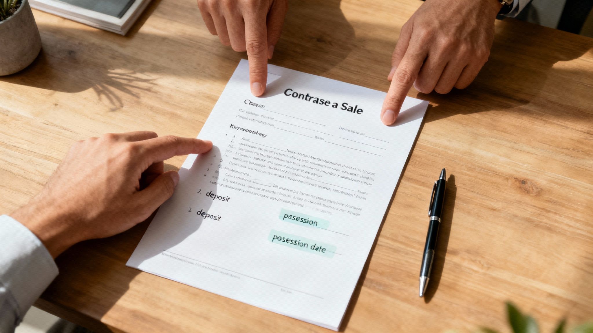 A detailed document, representing a real estate contract, is spread out on a desk with a pen and glasses nearby.