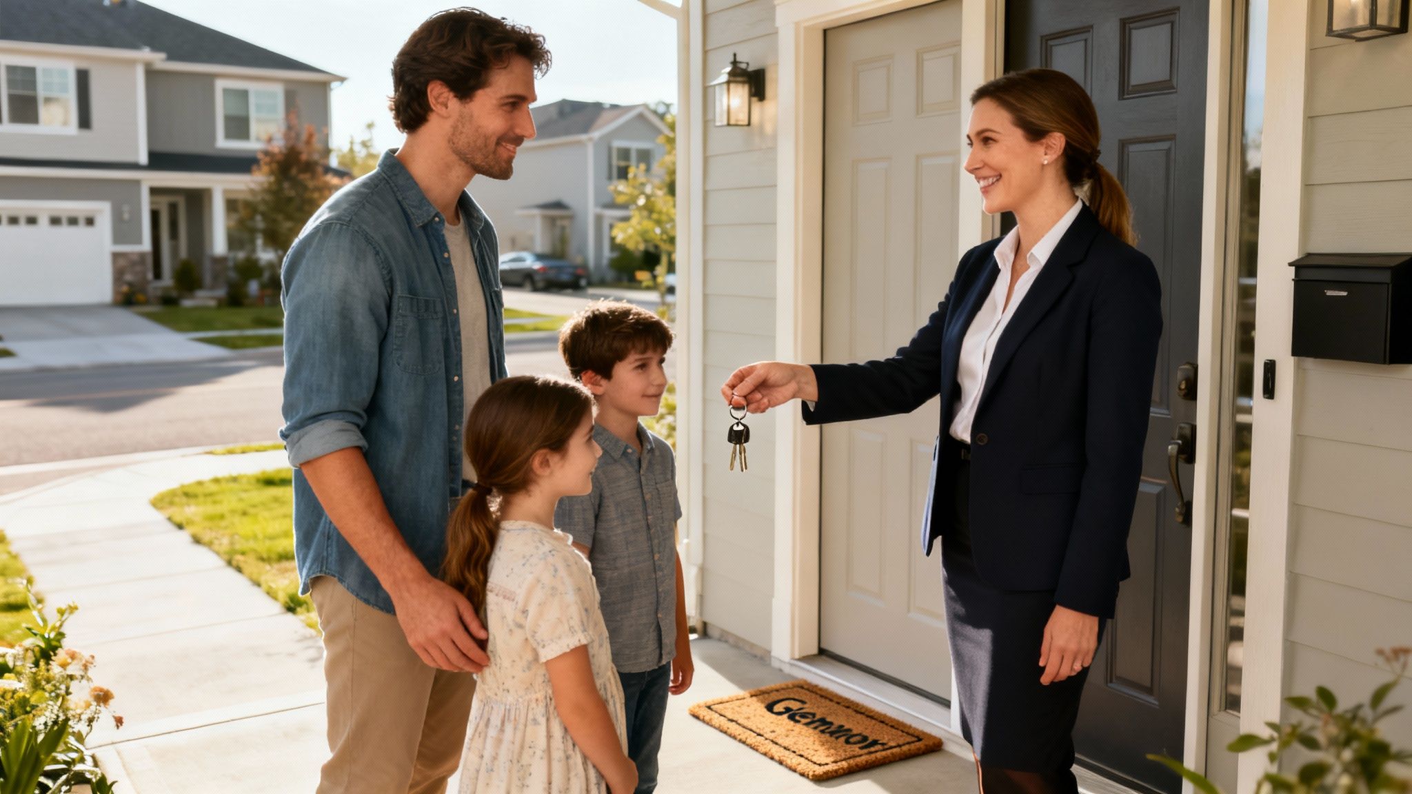 A smiling real estate agent hands house keys to a happy father and his two children in front of their new home.