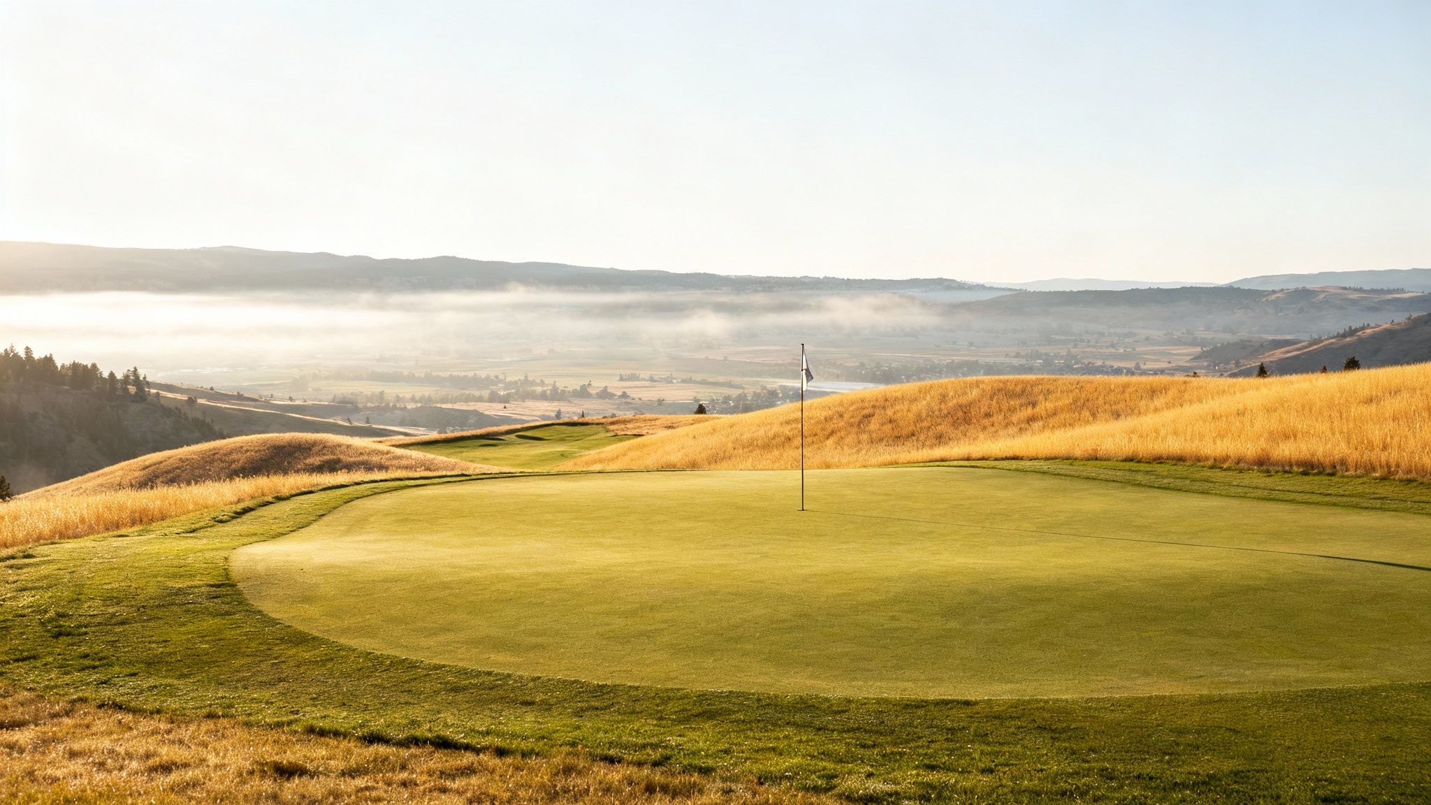 Scenic golf course green with flag overlooking misty valley and rolling hills at sunrise