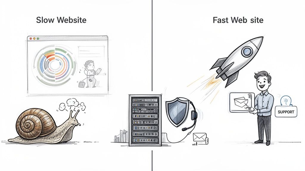 Comparison of a slow website (snail, loading screen) and a fast website (rocket, quick support).