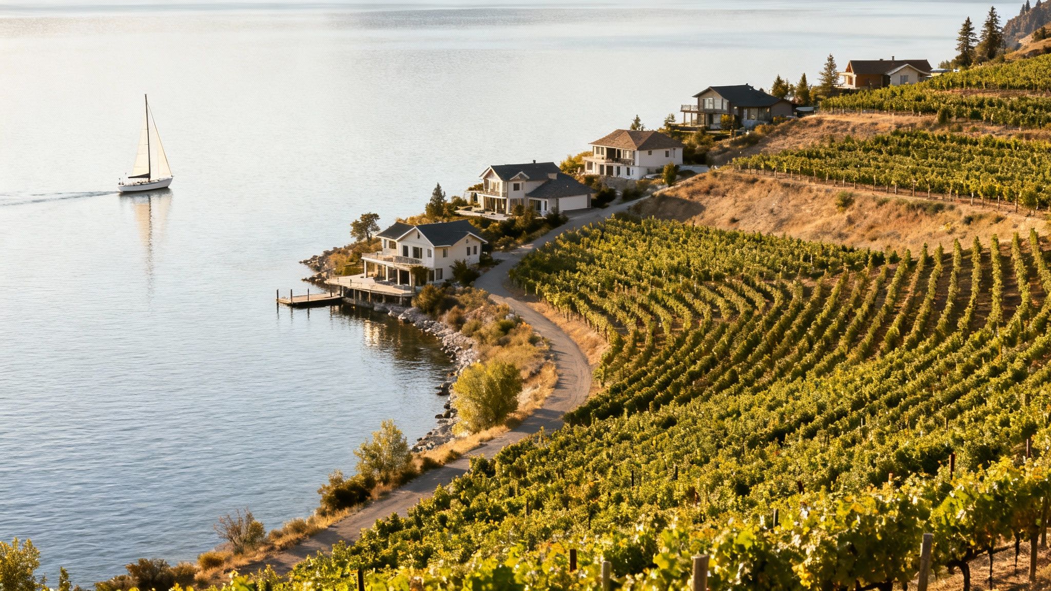 A scenic view of a sailboat on a lake, surrounded by waterfront houses and vineyards on a hillside.