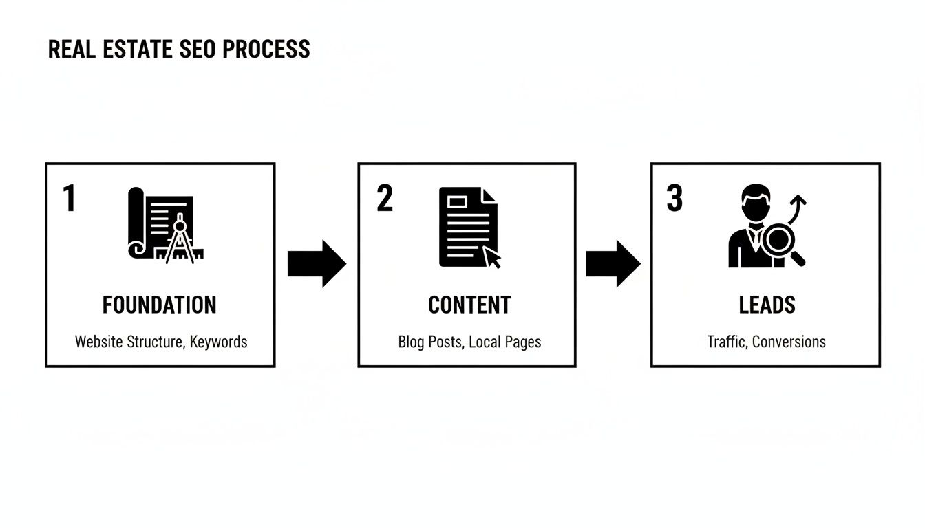 A clear diagram illustrating the 3-step Real Estate SEO process: Foundation, Content, and Leads.