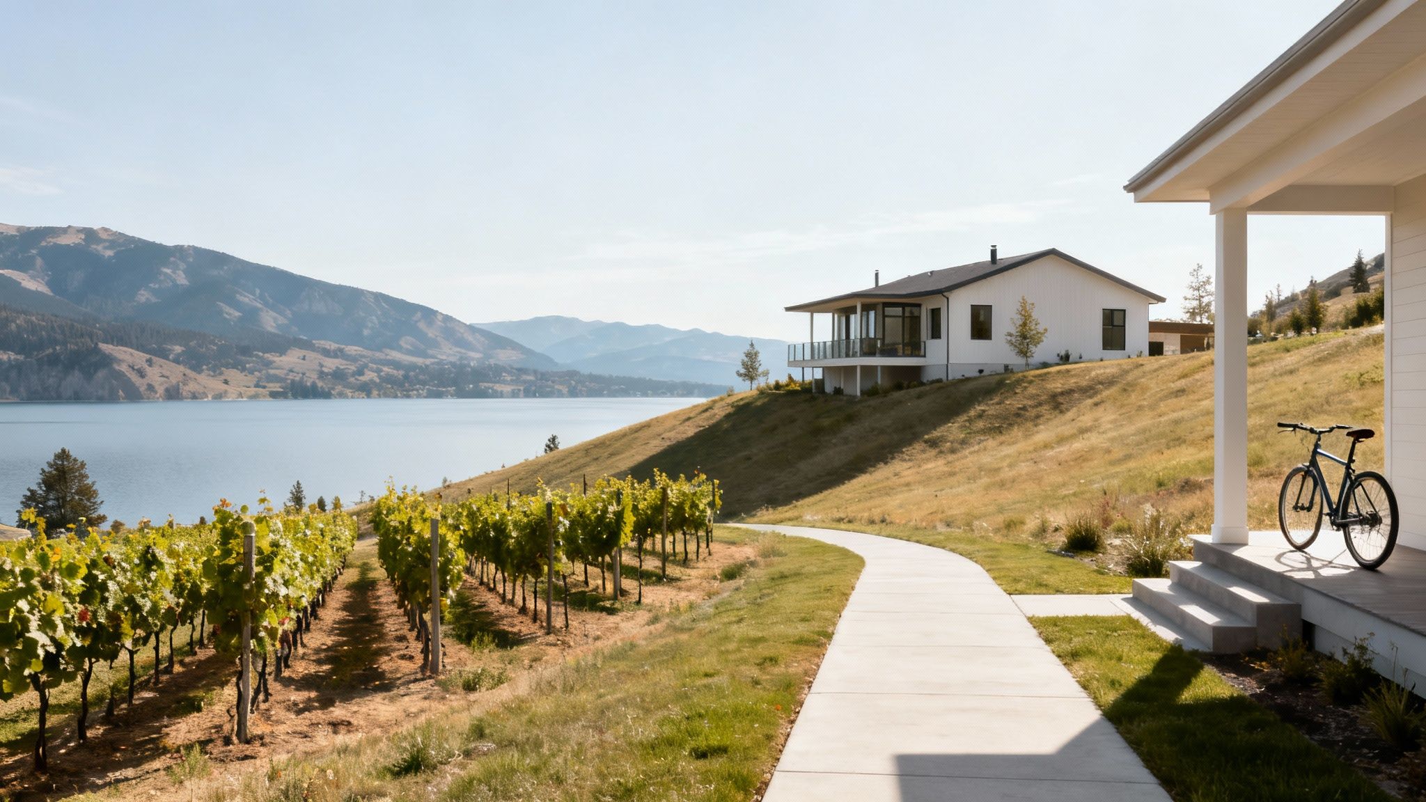 A modern house overlooks a tranquil lake and mountains, with a vineyard and pathway.