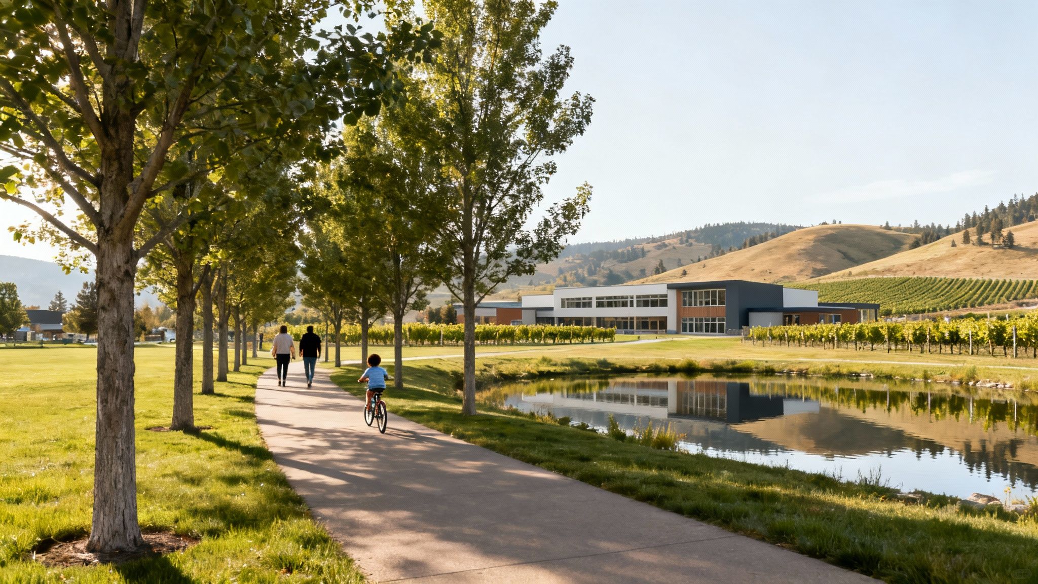 A family walking on a scenic trail in the hills of Kelowna, representing the outdoor lifestyle at The Ponds.