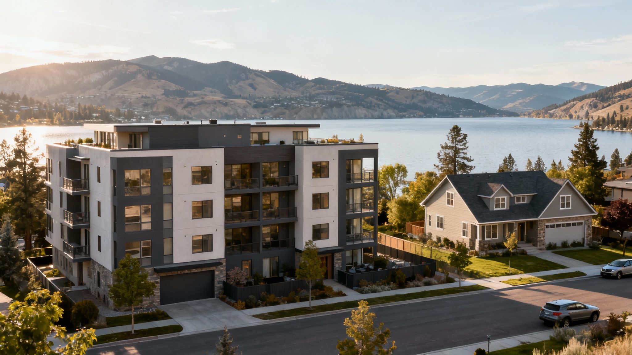 Kelowna homes situated by a lake with a mountain in the background.