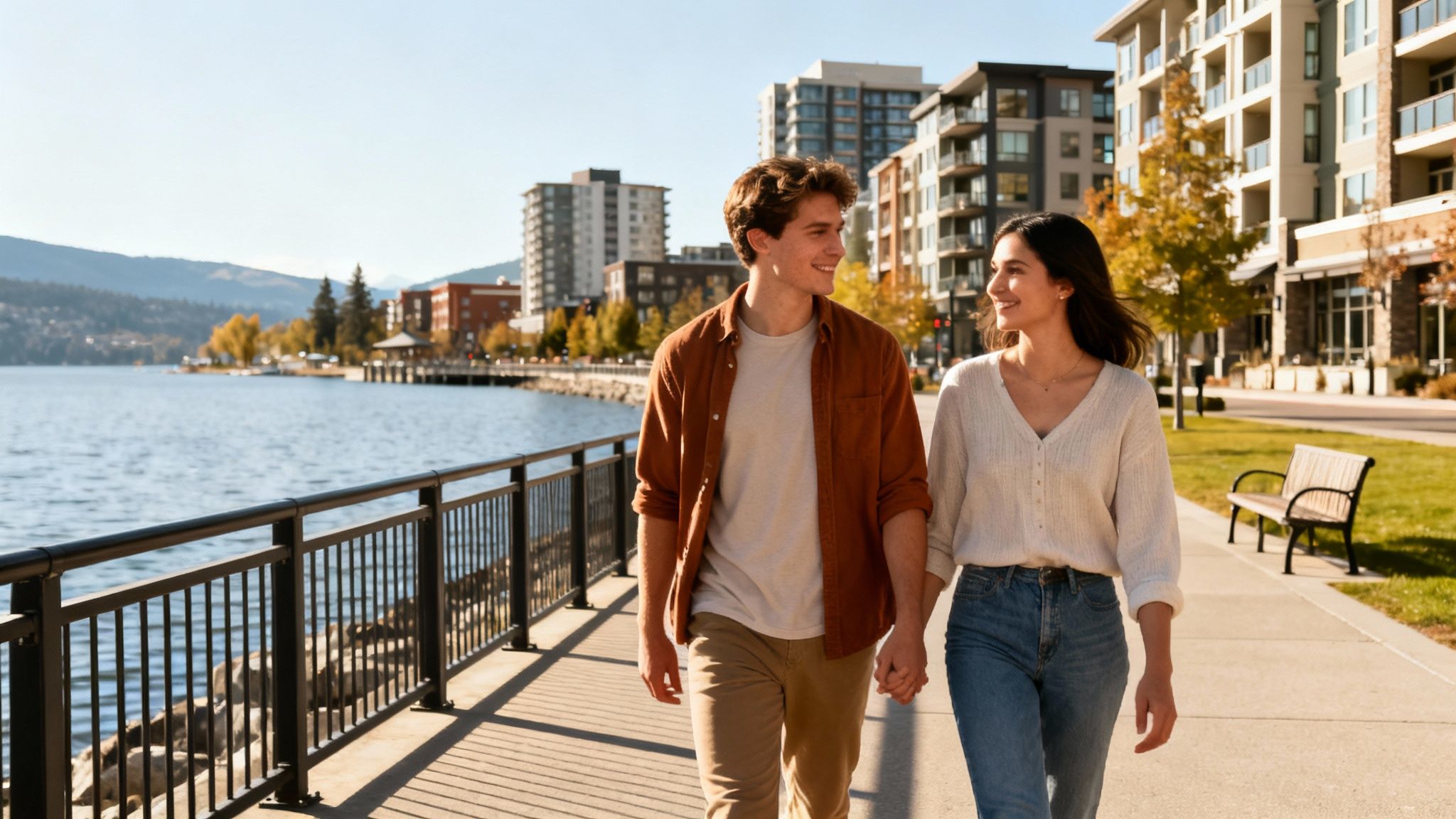A happy couple walks hand-in-hand along a sunny waterfront promenade with buildings and a lake.