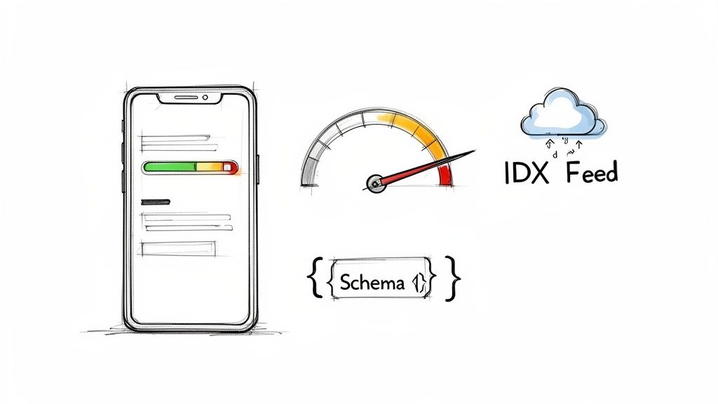 Illustration showing mobile SEO elements: phone, performance gauge, Schema markup, and cloud-based IDX feed.
