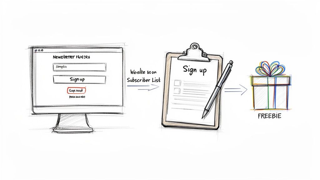 Hand-drawn diagram showing a newsletter signup on a computer, leading to a subscriber list and a free gift.