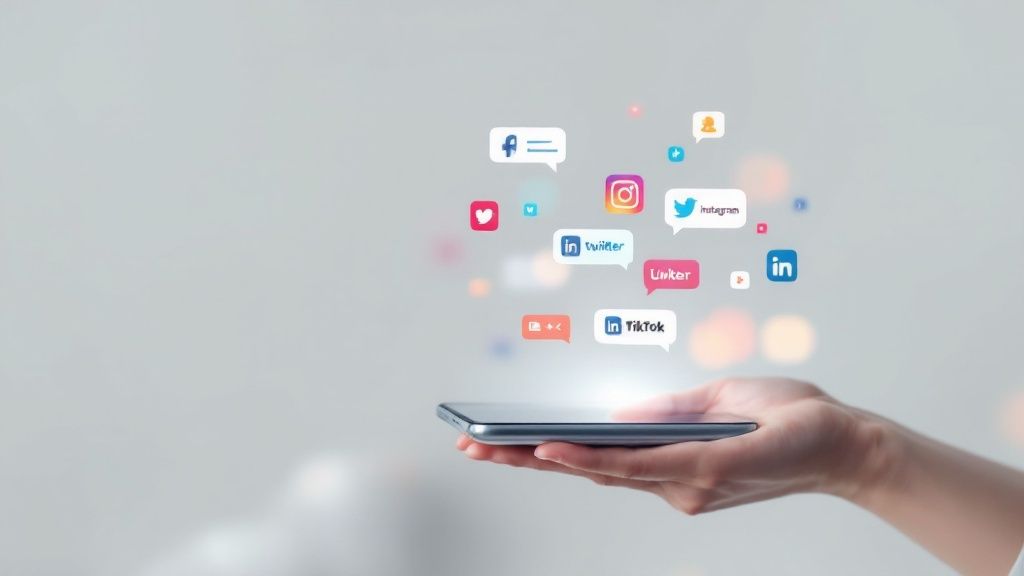 A person using a smartphone to interact with social media icons like 'like', 'comment', and 'share', representing social media marketing.