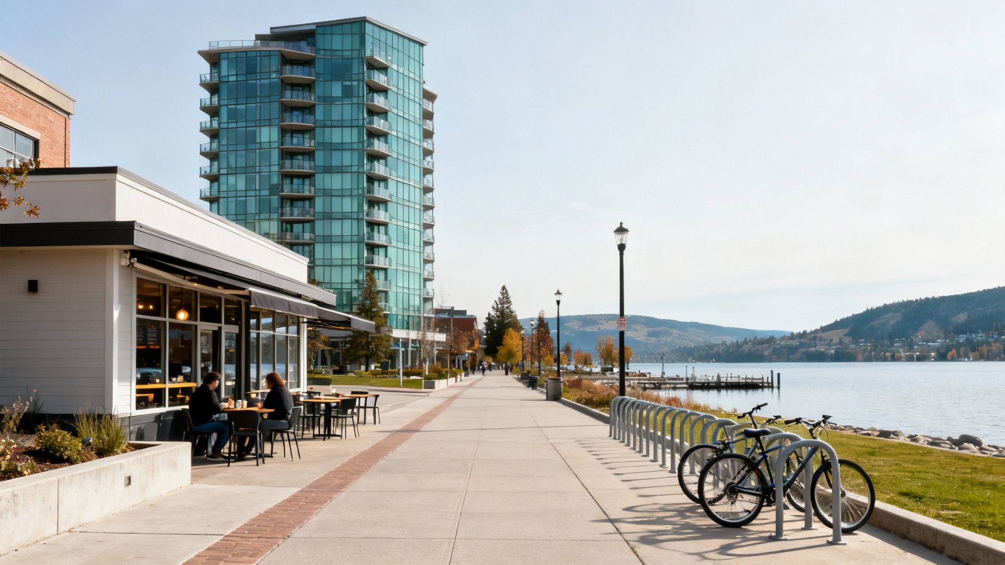 A modern glass condo building by a lakefront promenade with people dining at a cafe.