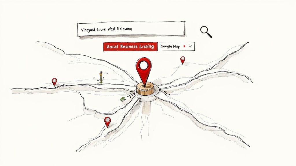 A magnifying glass hovering over a map of the Okanagan, with pins on Kelowna, Penticton, and Vernon, symbolizing local search.