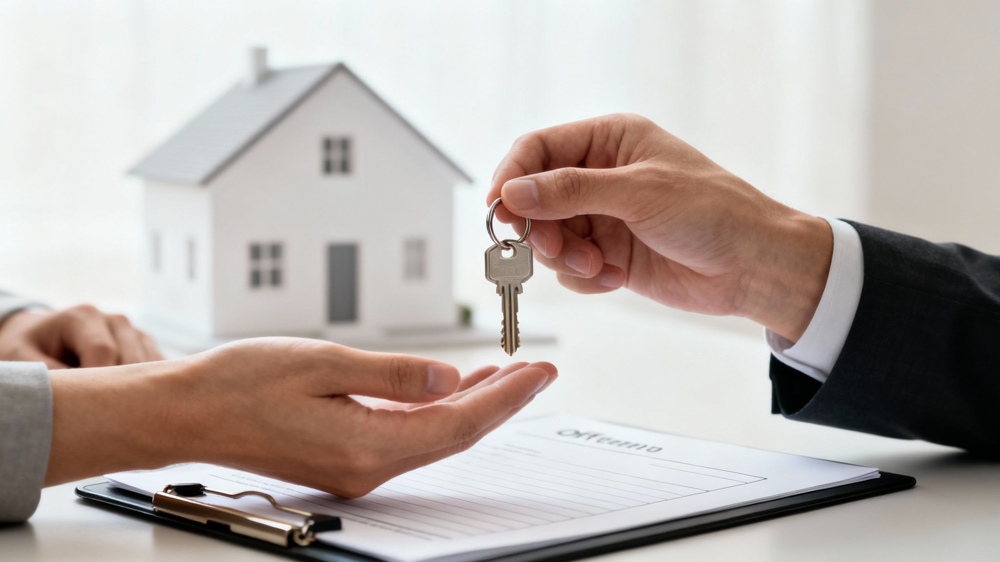 Hands exchanging a house key, symbolizing property ownership transfer, with a house model in the background.