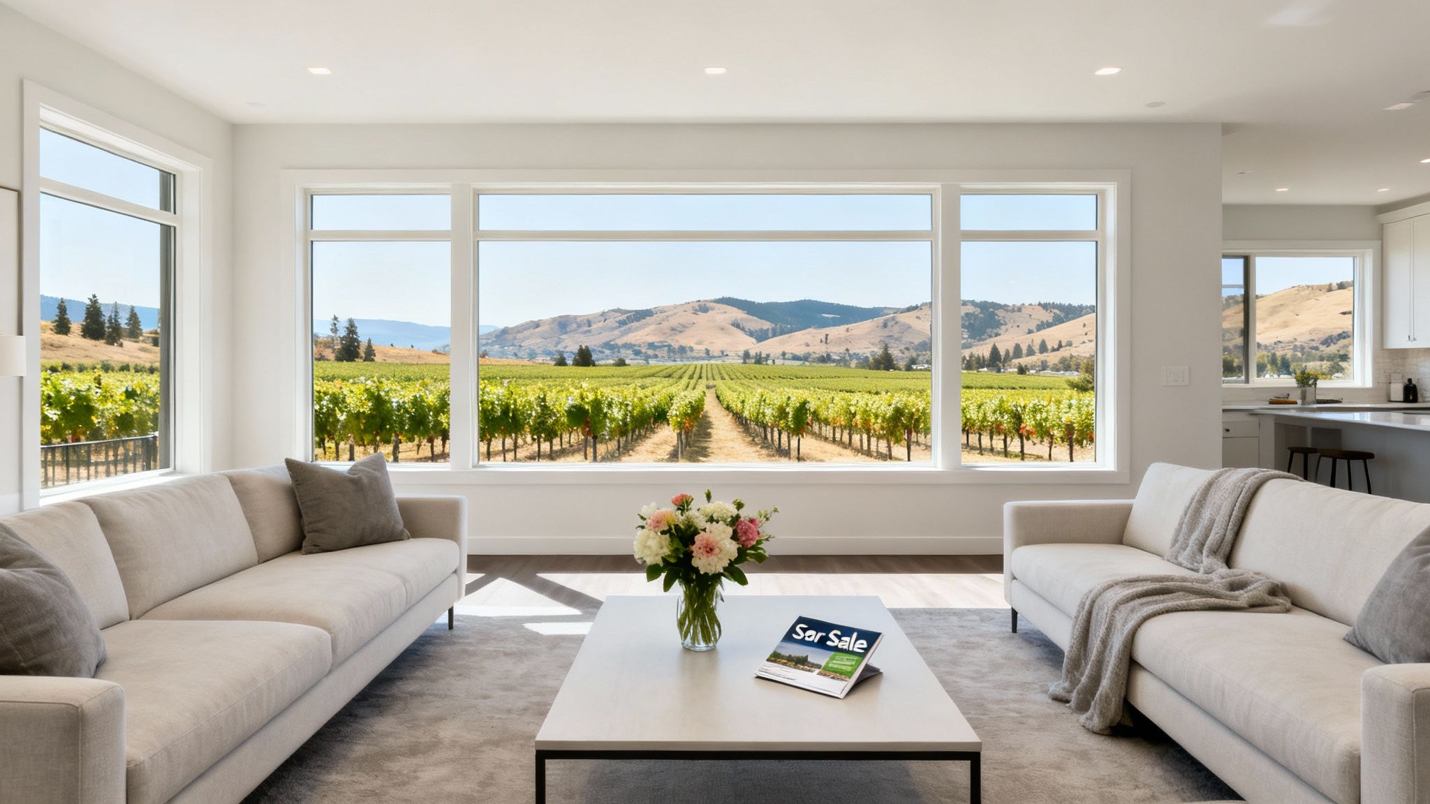 A beautifully staged living room with large windows showing a scenic view, ready for a real estate listing.