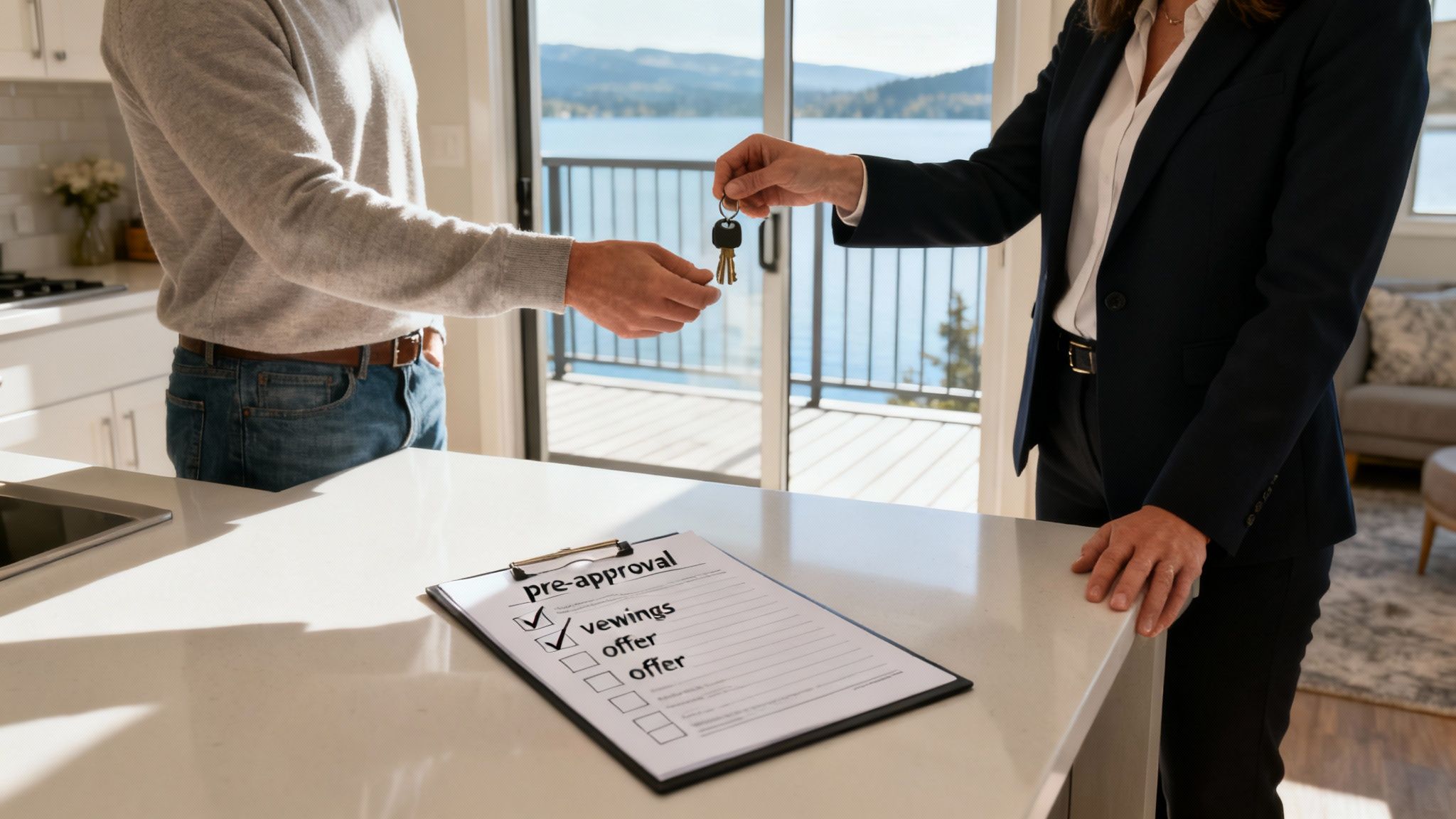 A real estate agent hands house keys to a man in a modern home overlooking a lake.