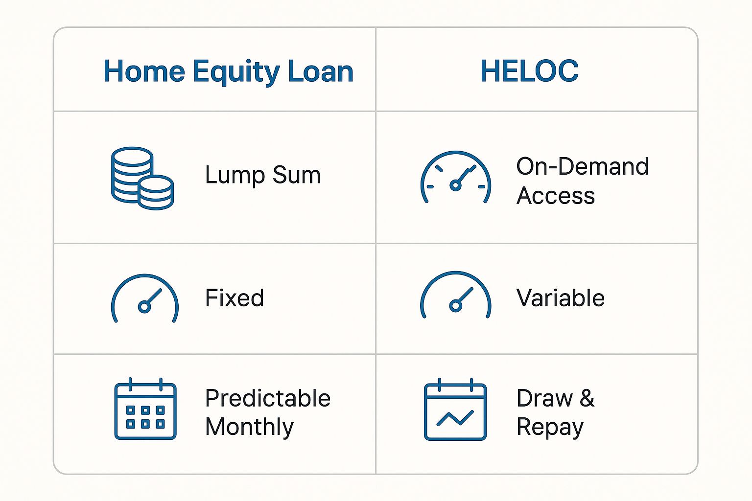 Infographic comparing a Home Equity Loan to a HELOC on three key features: Payout, Interest Rate, and Repayment.
