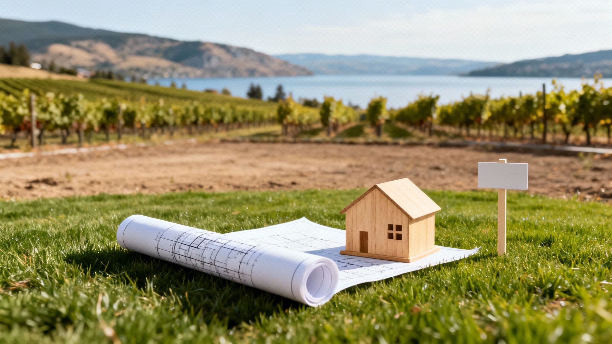 A wooden house model and blueprints on grass with a blank sign, vineyard, lake, and mountains.
