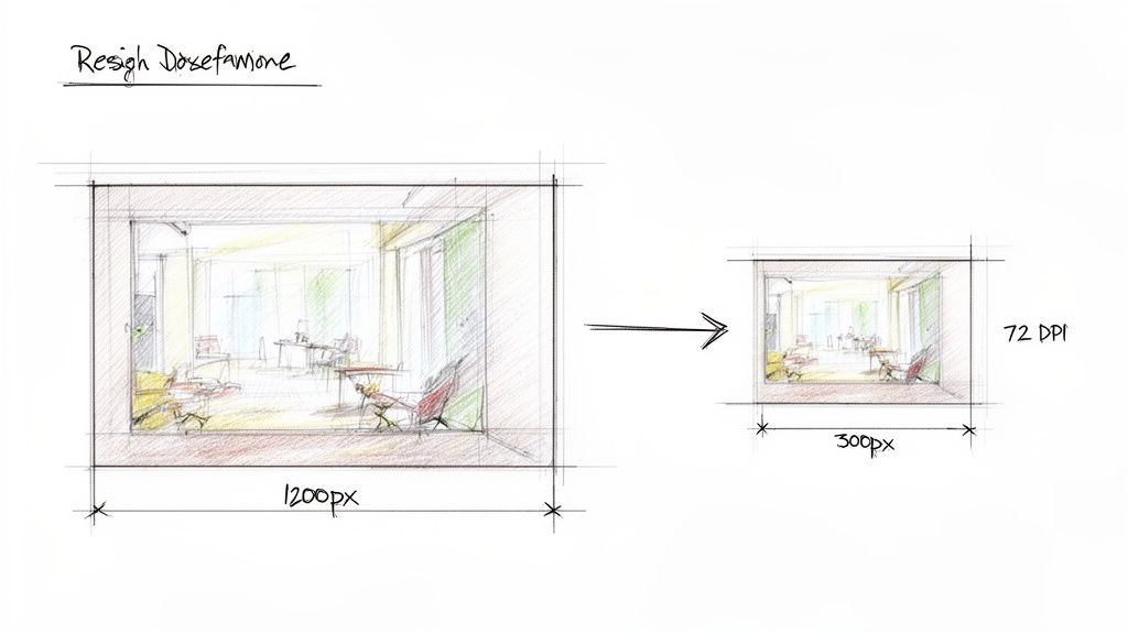 A sketch demonstrating image resizing, showing a large image (1200px) transformed into a smaller (300px, 72 DPI) version.