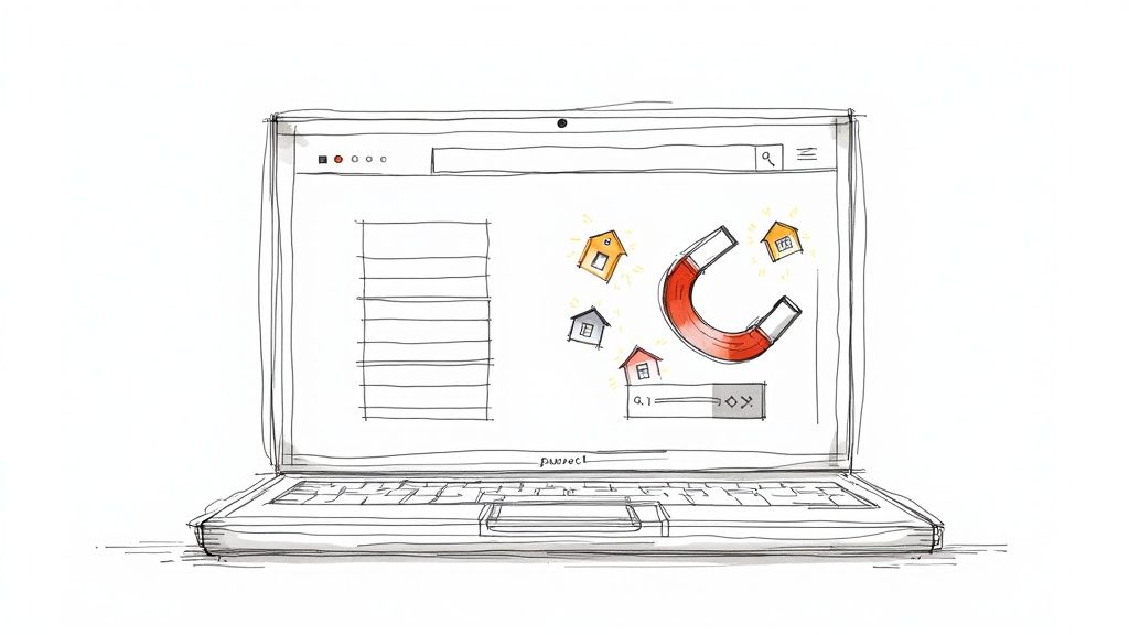 A sketch of a laptop screen showing a magnet attracting small house icons, symbolizing digital real estate lead generation.