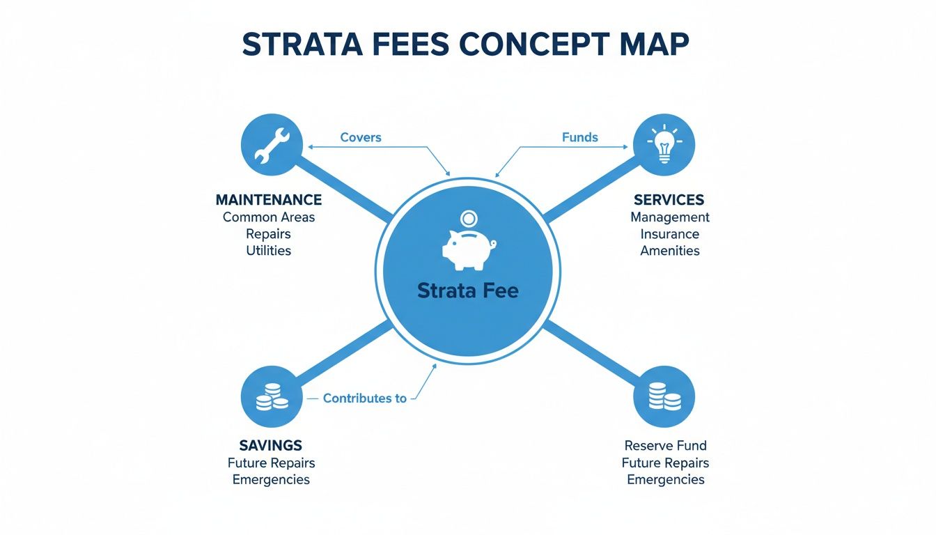 Concept map detailing strata fees, covering maintenance, services, savings, and reserve fund for properties.