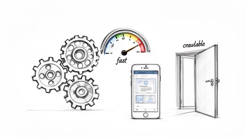 A sketch illustrating fast processing, mobile web experience, and crawlable website access for SEO.