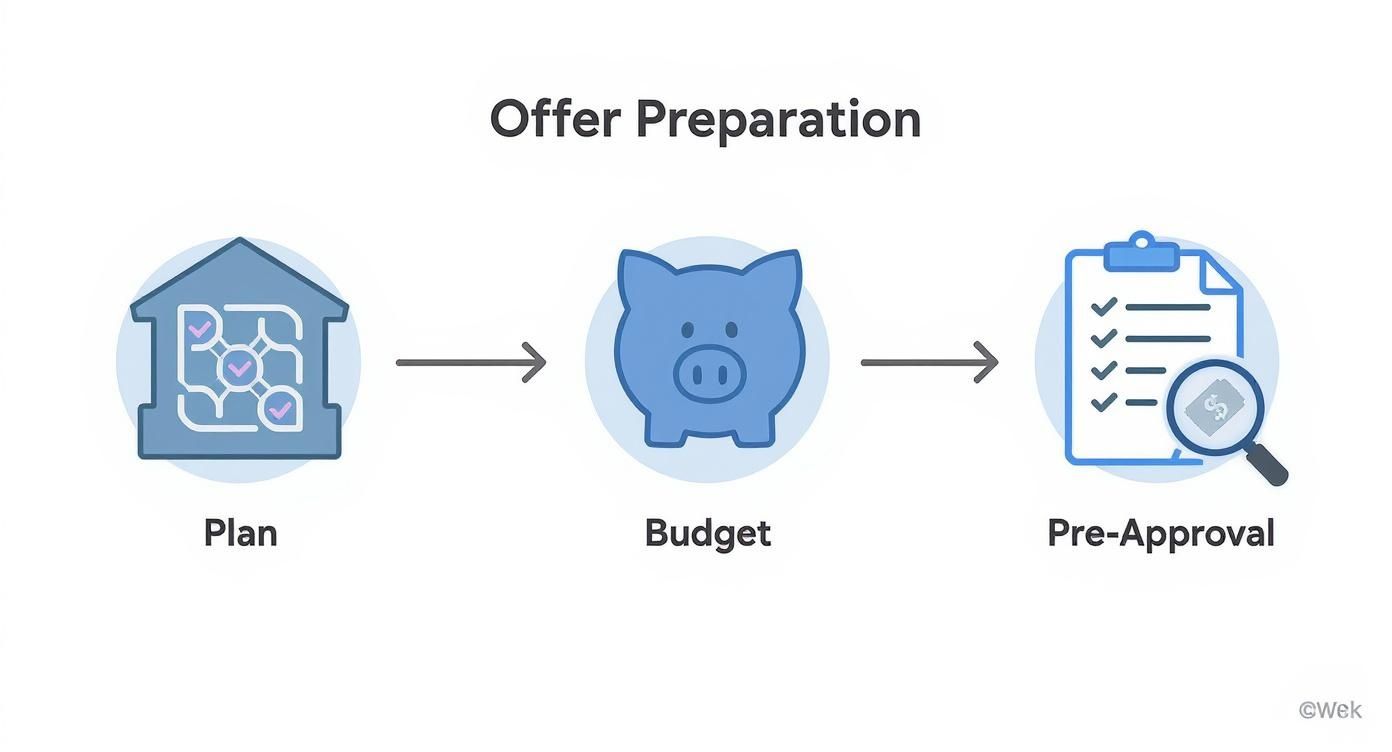 Infographic showing the three-step process for preparing a home offer: Plan, Budget, and Pre-Approval.