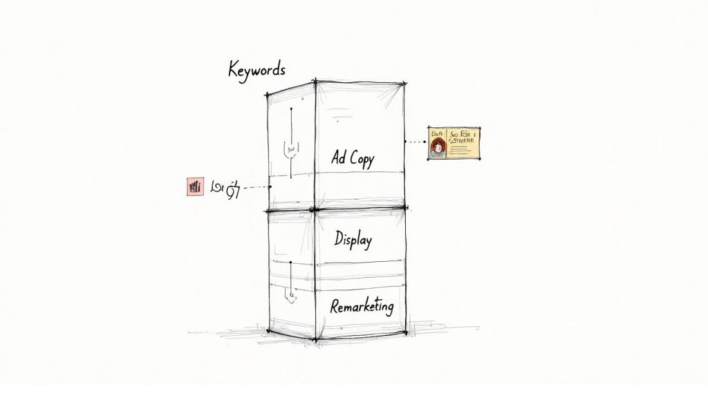 A sketch illustrating a layered PPC advertising strategy with keywords, ad copy, display, and remarketing.