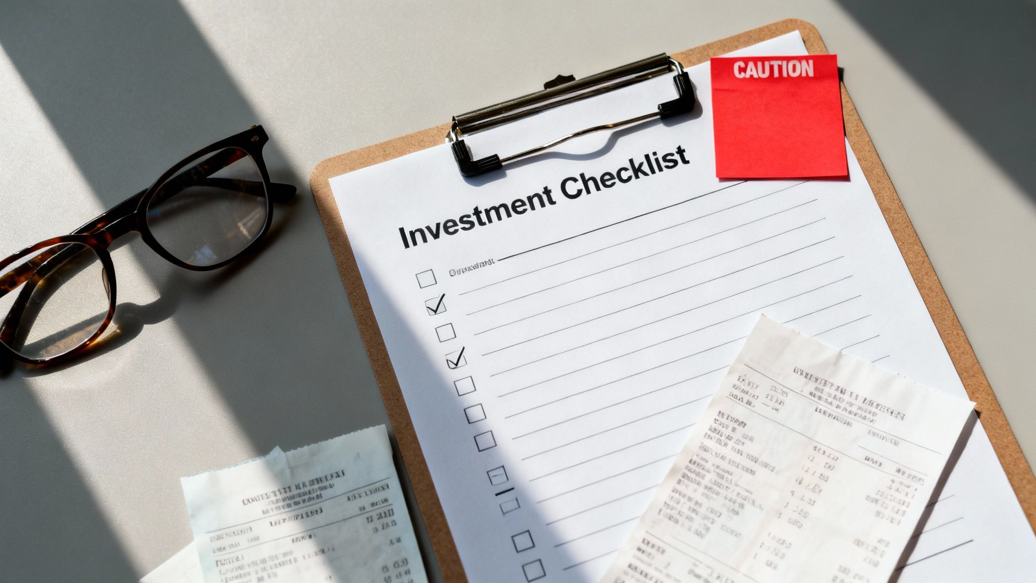A financial 'Investment Checklist' on a clipboard with a red 'CAUTION' note, eyeglasses, and receipts.
