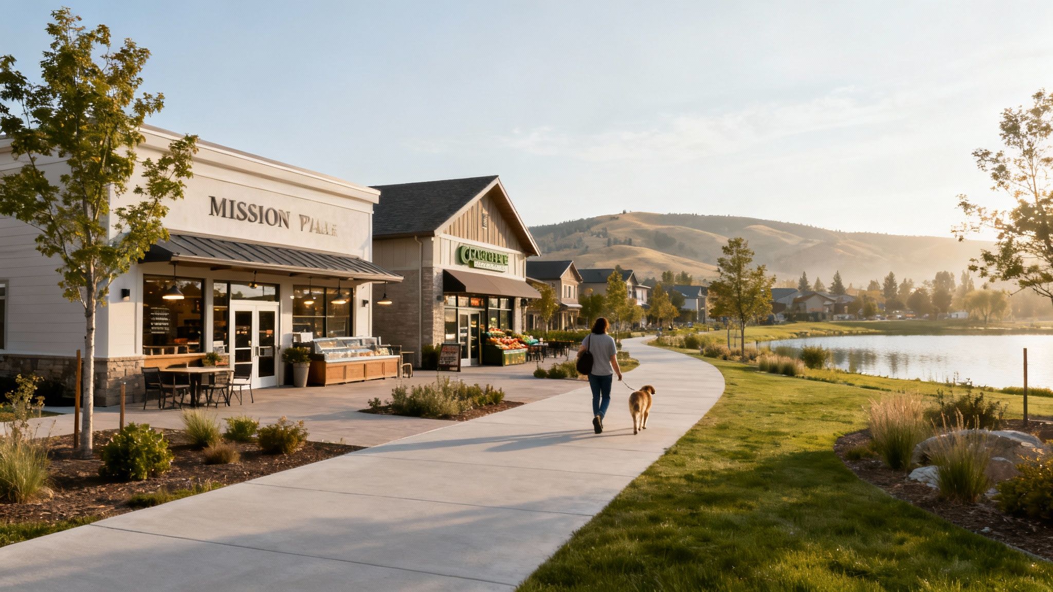 A modern residential area with townhomes and beautiful landscaping under a blue sky, representing Mission Village at The Ponds in Kelowna.