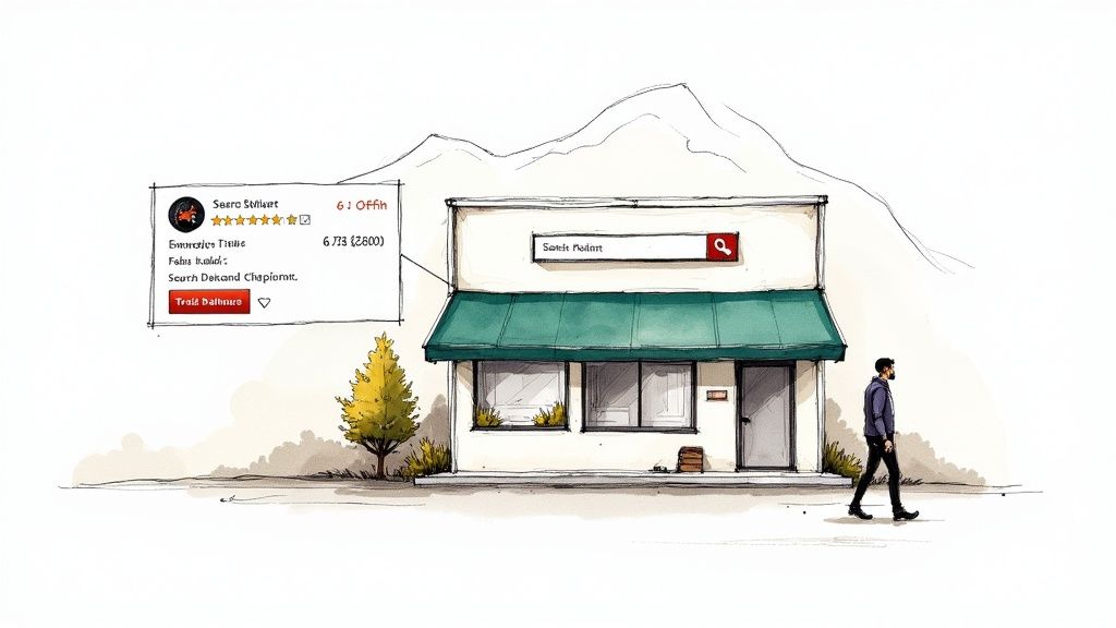 A person pointing at an enhanced Google search result on a screen, showing star ratings and extra details.