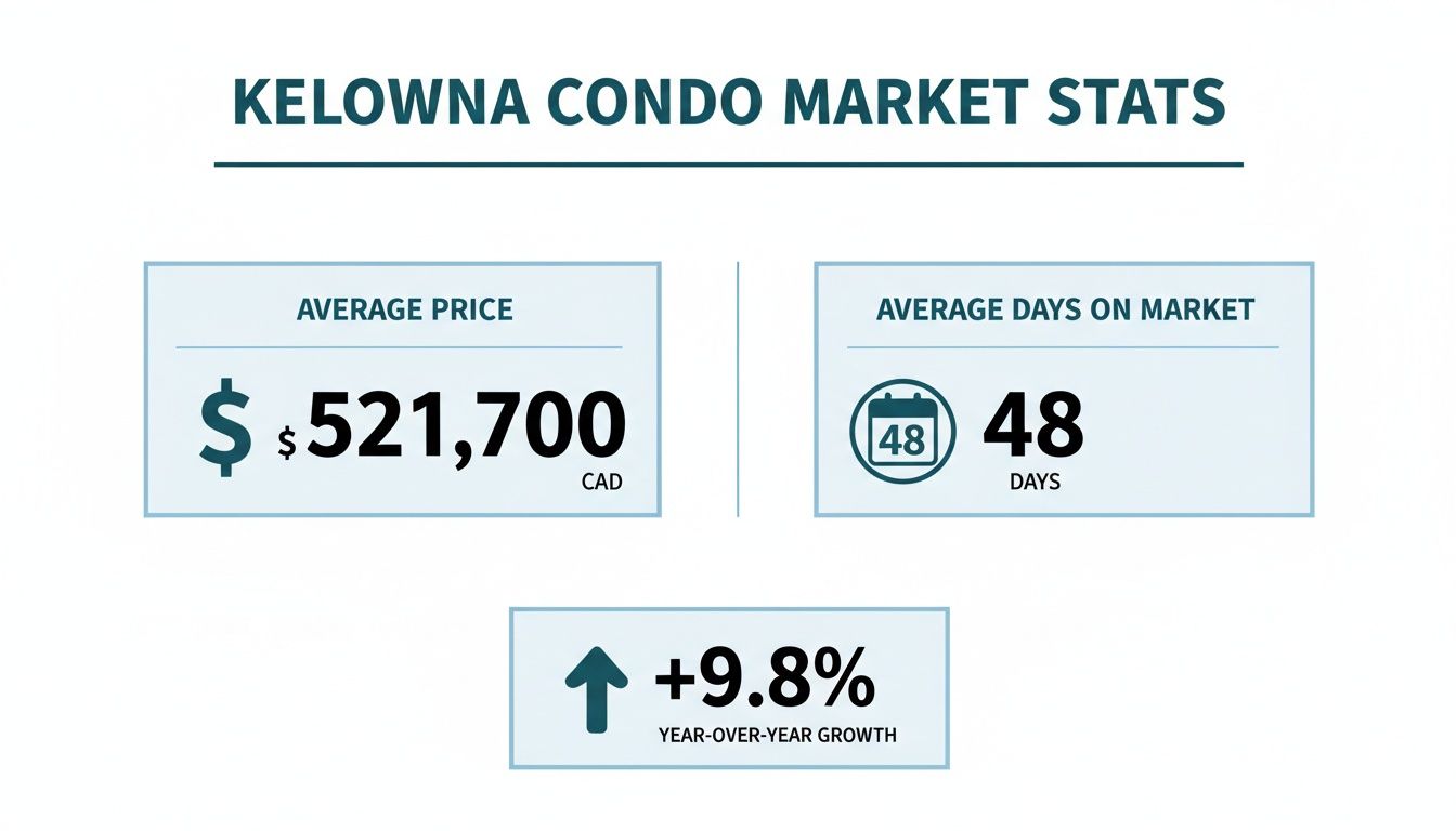 Kelowna condo market statistics showing average price, average days on market, and year-over-year growth.