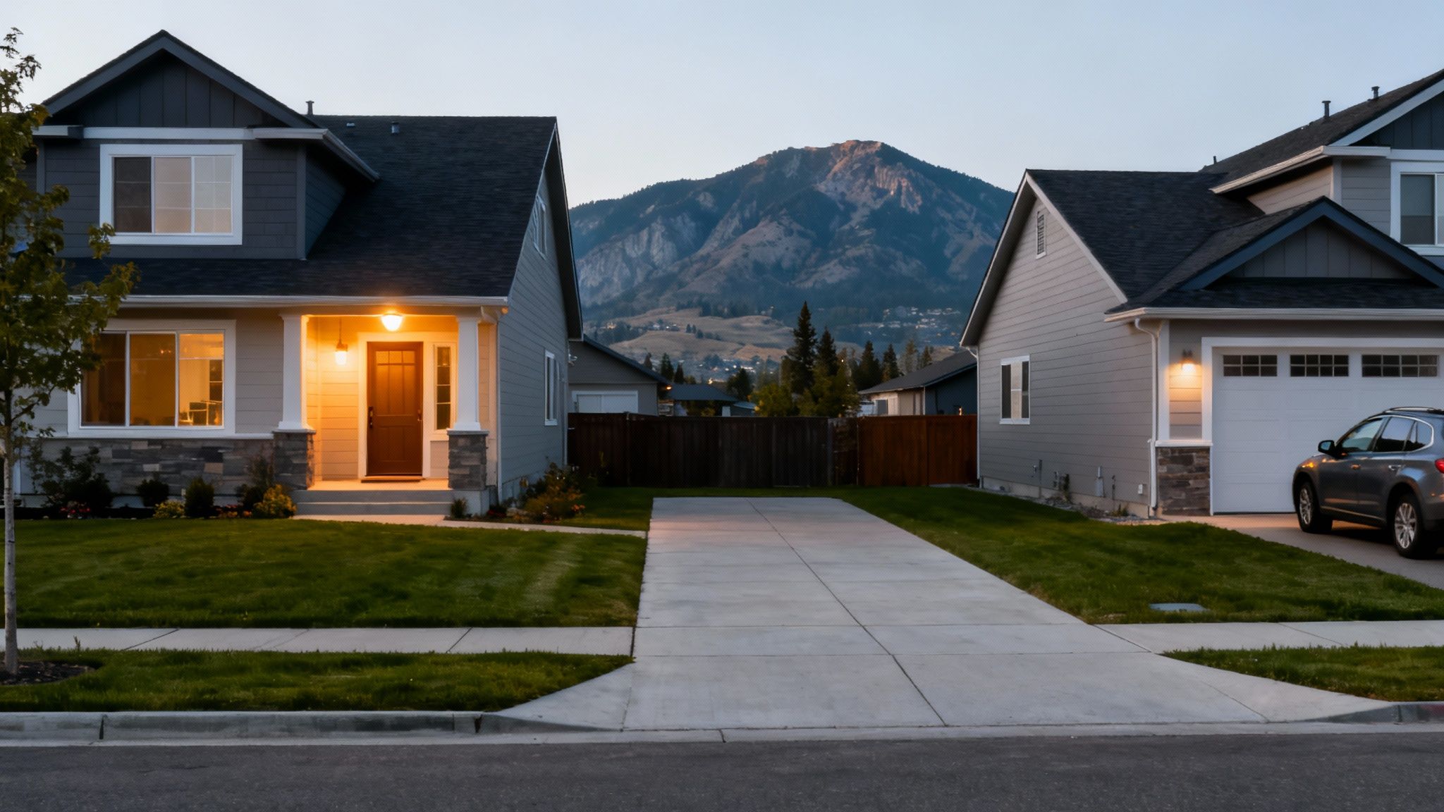 Two modern suburban houses with illuminated porches and garages, green lawns, and a mountain backdrop at dusk.