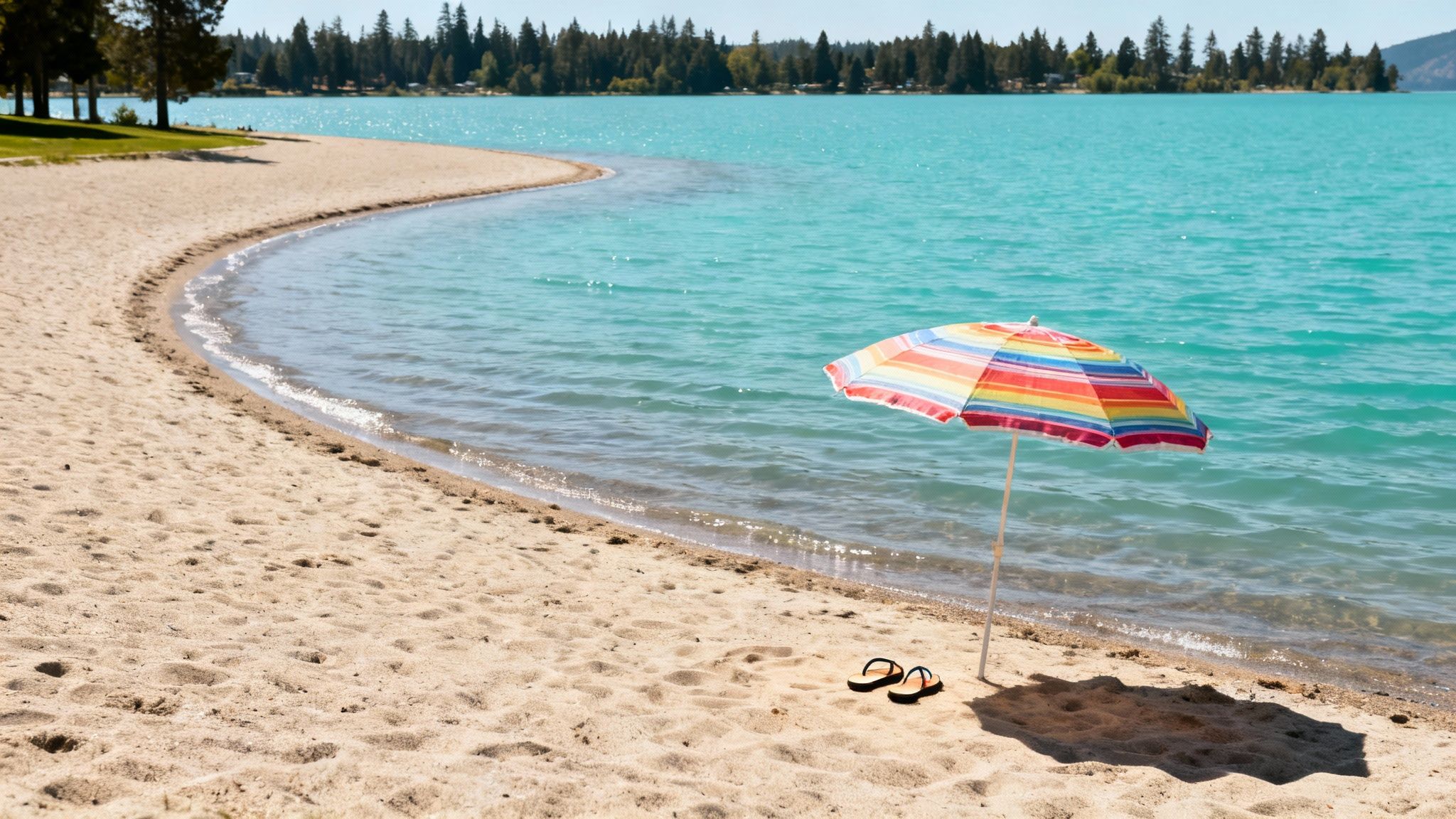 Colorful beach umbrella and flip flops on sandy shore of turquoise lake surrounded by pine trees