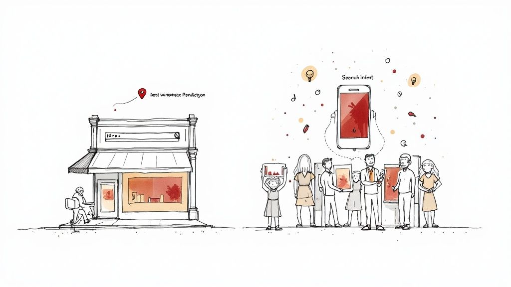 A person looking at a digital map with pins, symbolizing customer targeting.