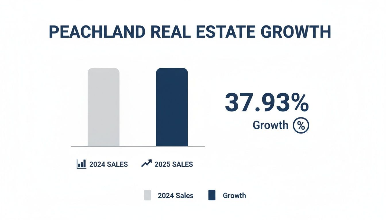 Bar chart illustrating 37.93% Peachland real estate growth in sales from 2024 to 2025.
