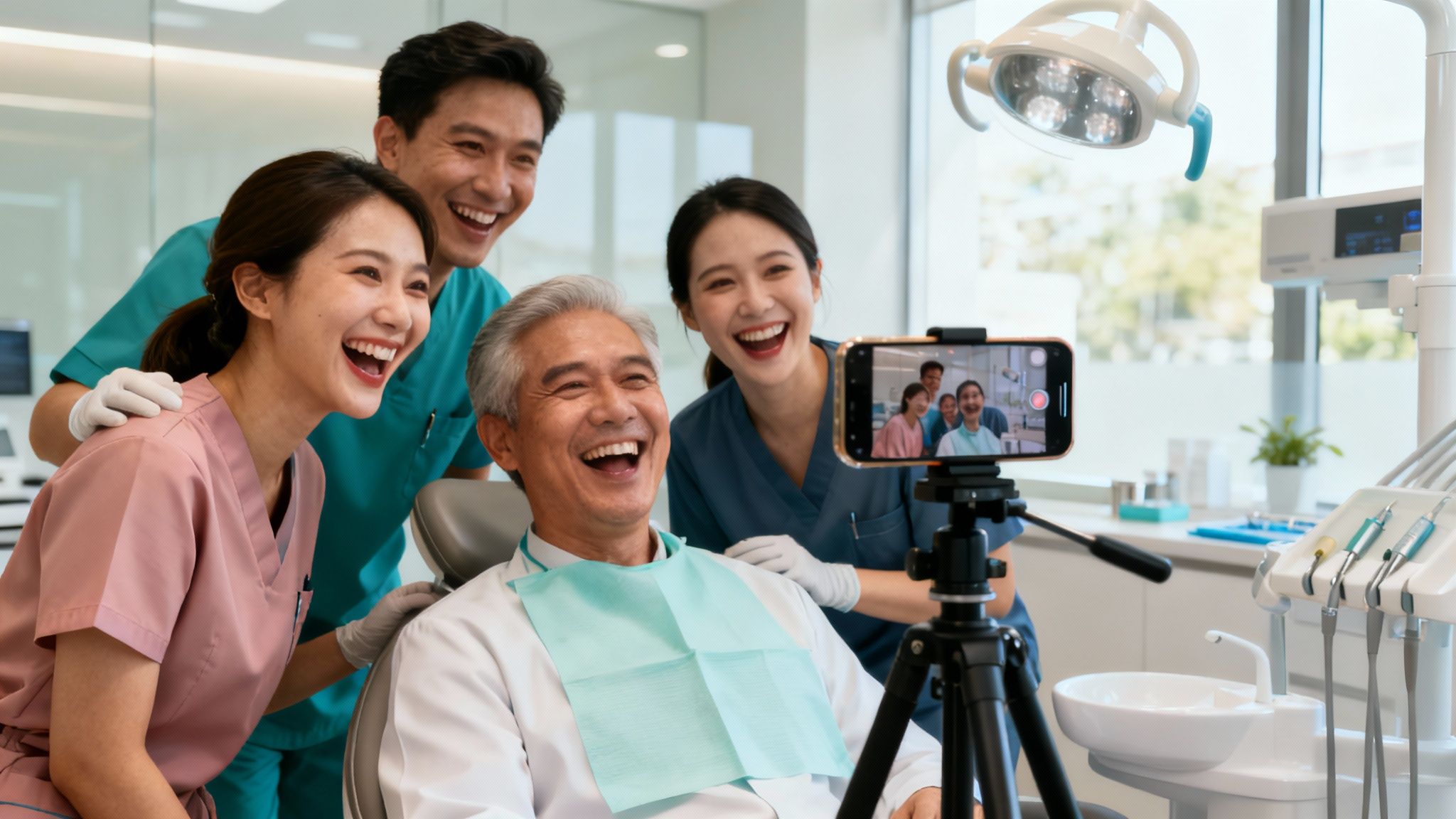 A dental team smiling together in their clinic, creating a warm and inviting atmosphere.