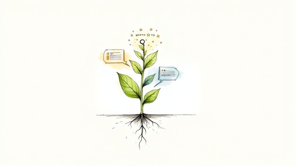 A watercolor illustration of a plant with roots, featuring speech bubbles for communication and content, crowned with stars.