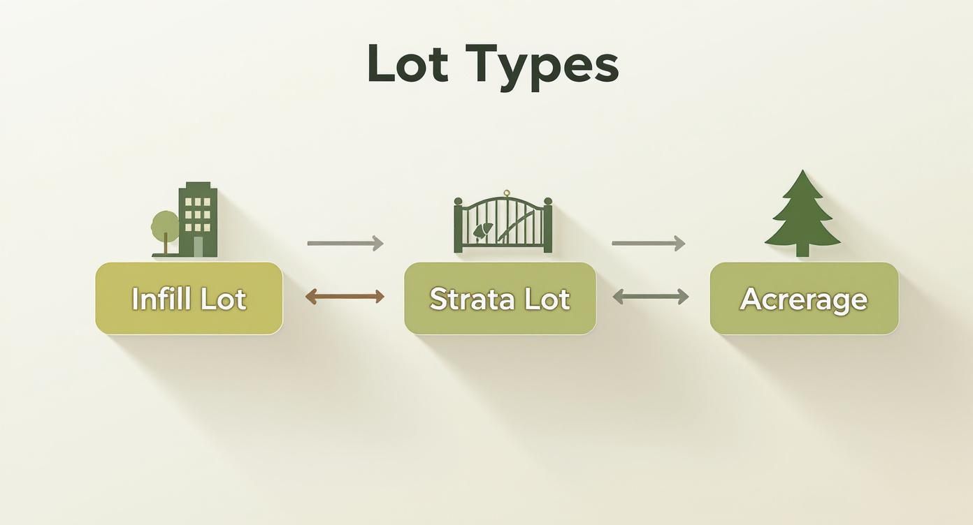 A diagram titled 'Lot Types' illustrating Infill Lot, Strata Lot, and Acreage, with connecting arrows.