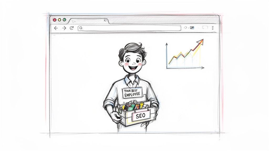 Happy cartoon employee labeled 'Your Best Employee' holding an SEO box in a browser with a growth chart.